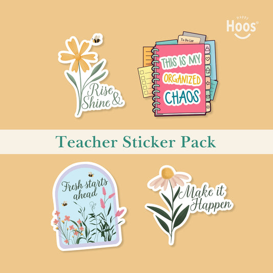 Teacher Sticker Pack featuring yellow daisy with bee and "Rise & Shine", planner with tabs and "This is my Organized Chaos", garden dome with "Fresh starts ahead", daisy with "Make it Happen"