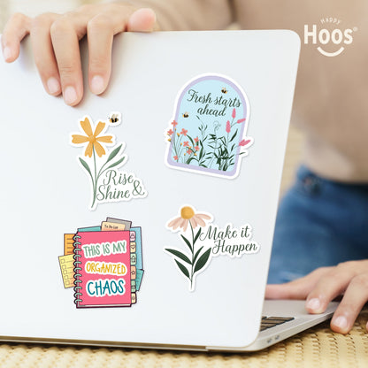 Laptop decorated with Teacher stickers: yellow daisy with bee and "Rise & Shine", garden dome with "Fresh starts ahead", planner with tabs and "This is my Organized Chaos", daisy with "Make it Happen"