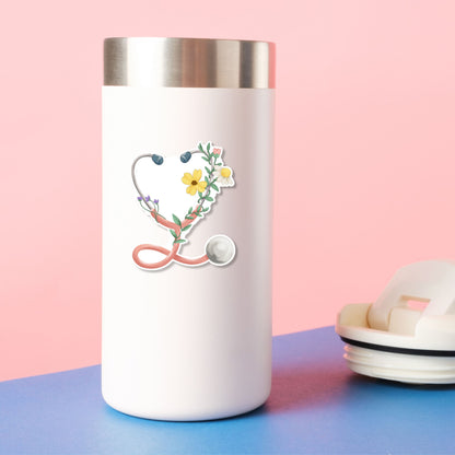 Floral Stethoscope waterproof sticker featuring a pink stethoscope wrapped with flowers and greenery for nurses and healthcare workers on water bottle