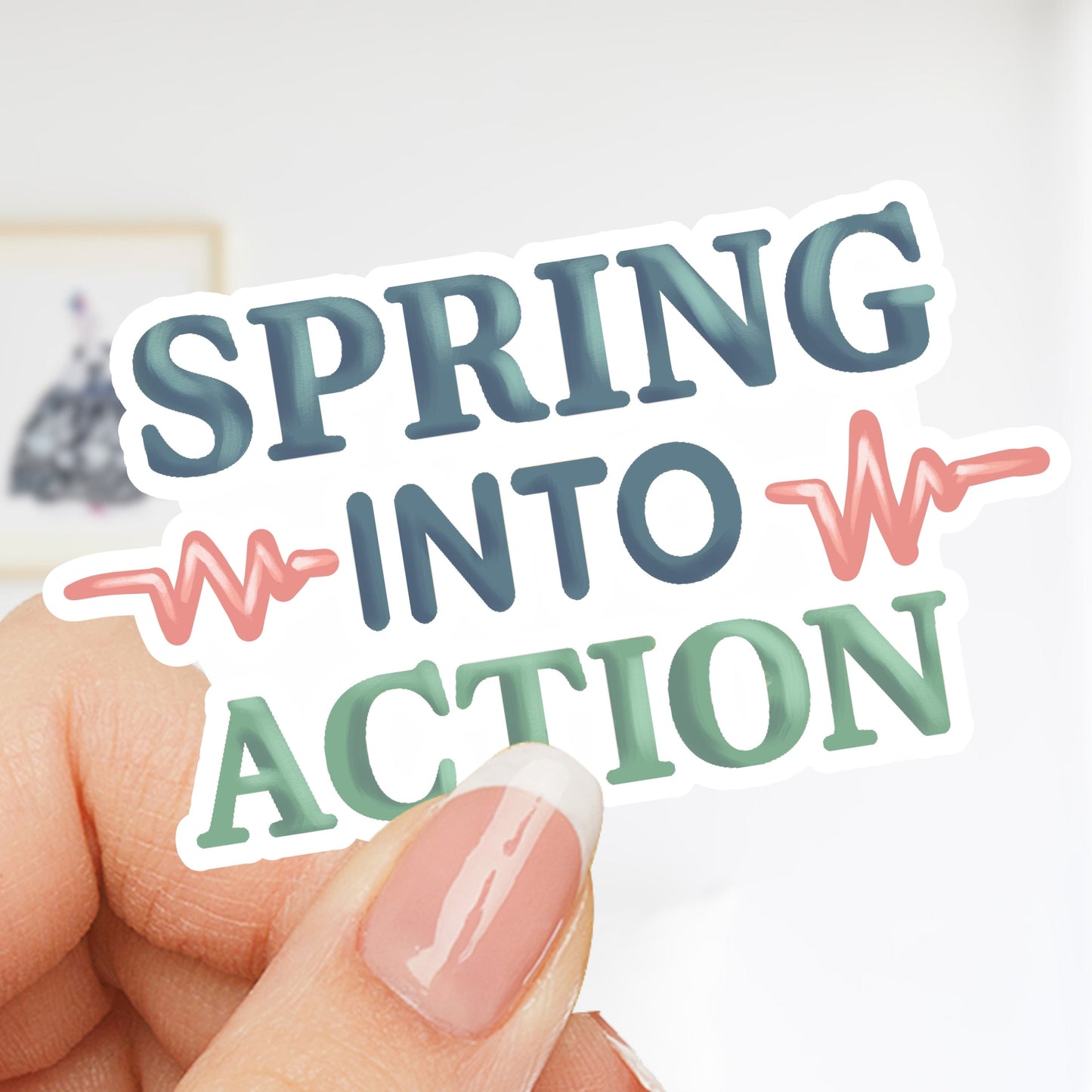 Spring Into Action waterproof motivational sticker featuring colorful lettering with heartbeat details for planners, nurses, students, and goal setters.