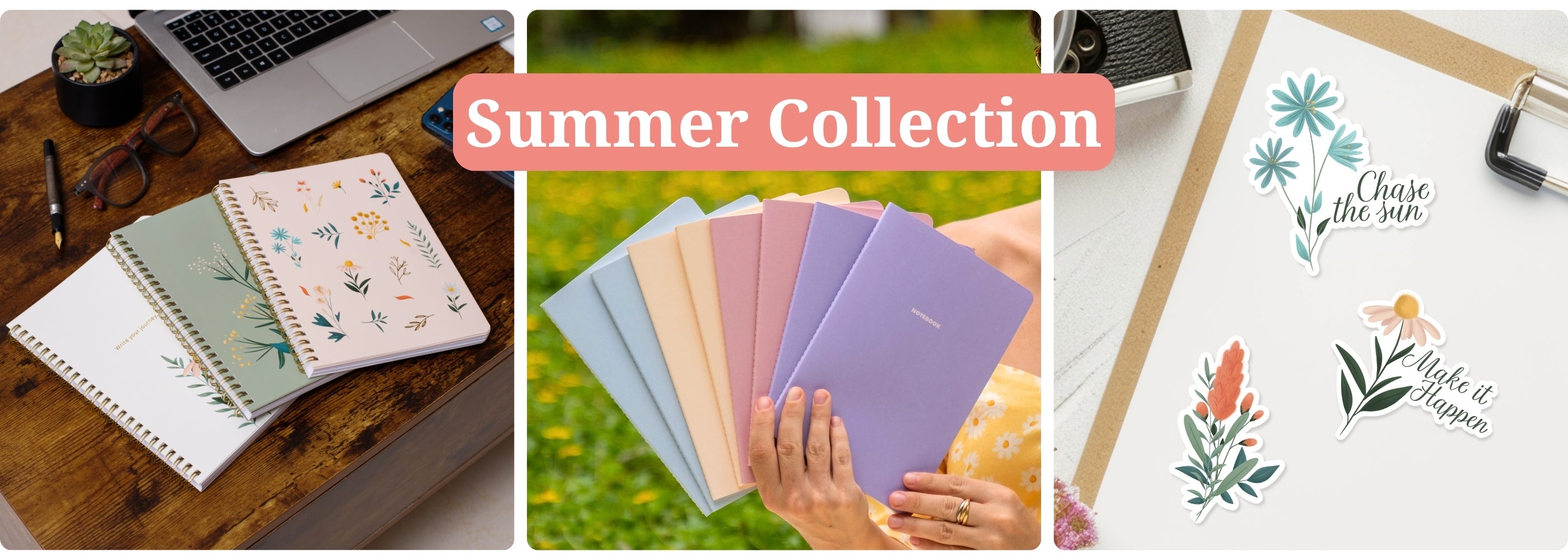 Collage of notebooks with floral designs, held by a person, and on a wooden surface for Happy Hoos summer collection