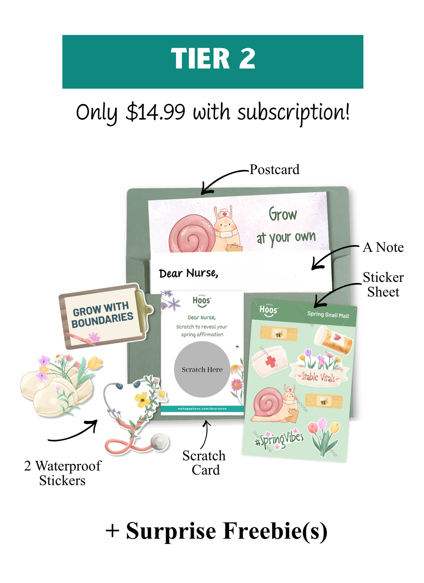 Showed tier 2 subscription for only 14.99 with postcard, a note, sticker sheeet, scratch card, 2 waterproof stickers + freebies