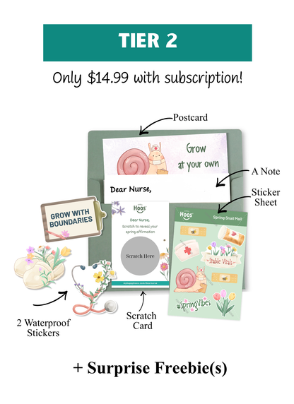 Showed tier 2 subscription for only 14.99 with postcard, a note, sticker sheeet, scratch card, 2 waterproof stickers + freebies