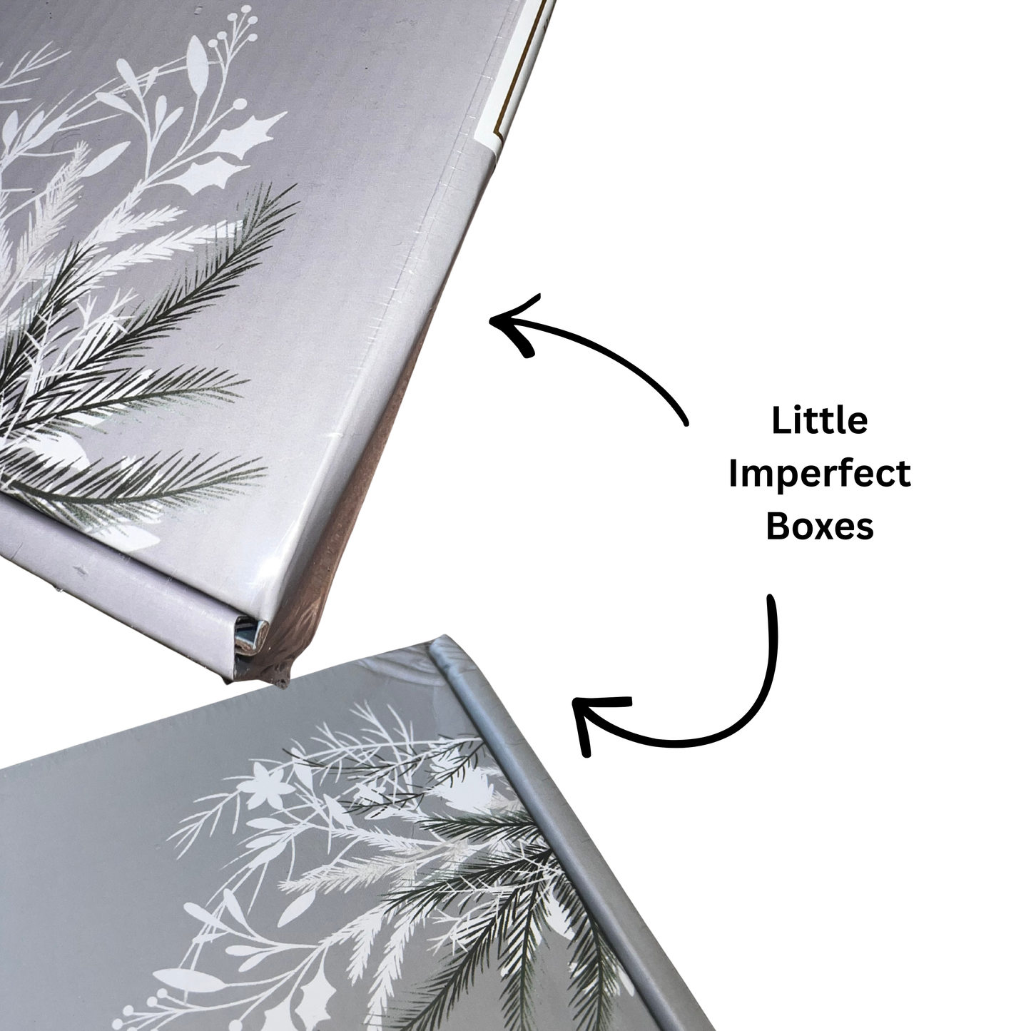 Two boxes with floral designs on a white background, labeled 'Little Imperfect Boxes'. Arrows showing creases on the box. 
