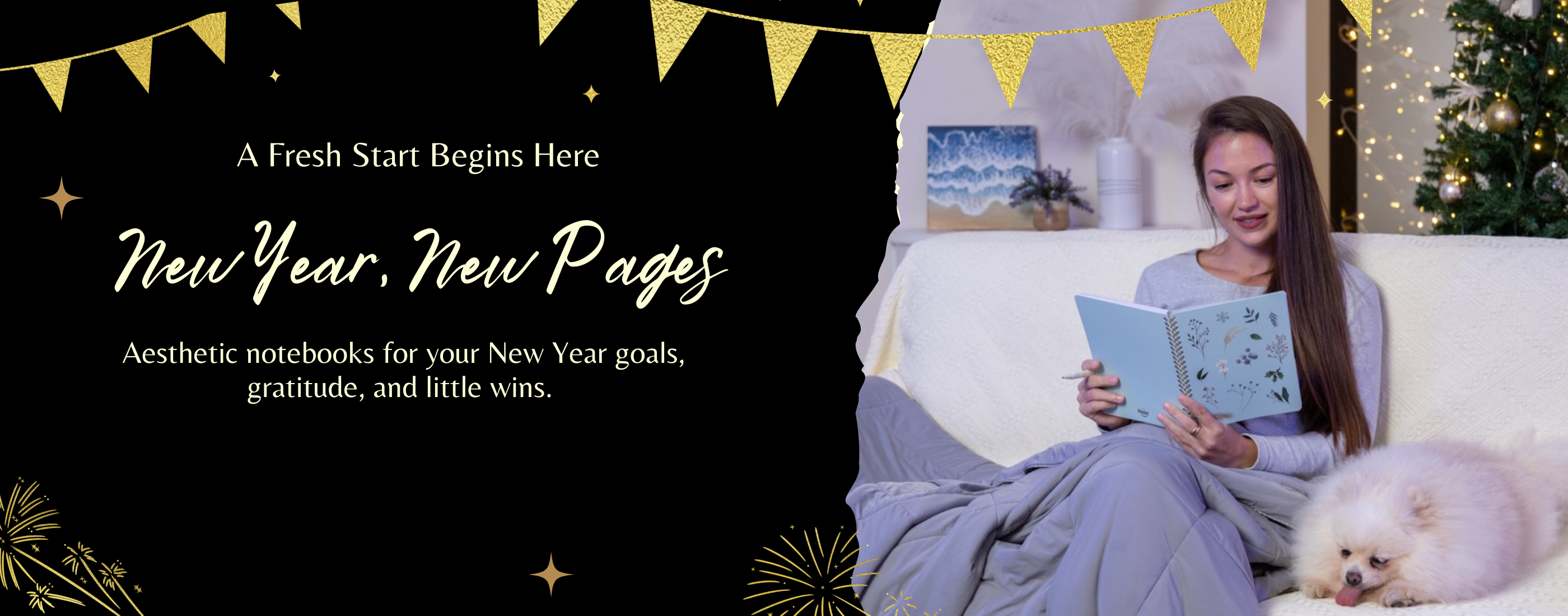 Woman reading a notebook with a dog on a couch, promotional text for New Year's goals and gratitude.