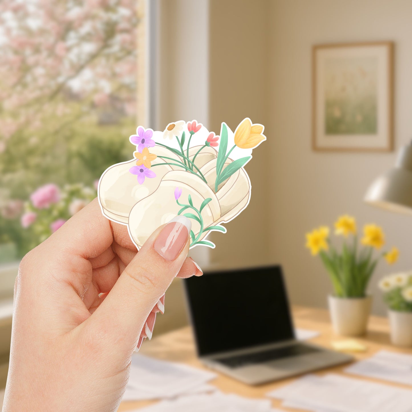 Woman holding Floral Nurse Clogs waterproof vinyl sticker featuring cream nursing shoes filled with colorful spring flowers for nurses and healthcare workers.