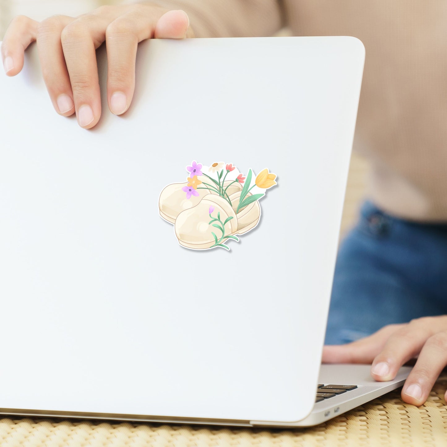 Floral Nurse Clogs waterproof vinyl sticker  on a laptop featuring cream nursing shoes filled with colorful spring flowers for nurses and healthcare workers.