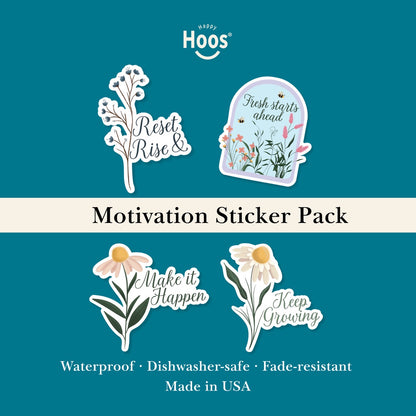 Motivation sticker pack with 4 floral design stickers and text on a blue background, featuring the Hoos brand. The following text are presented in each sticker: Reset & Rise, Fresh Starts Ahead, make it Happen, Keep growing. 