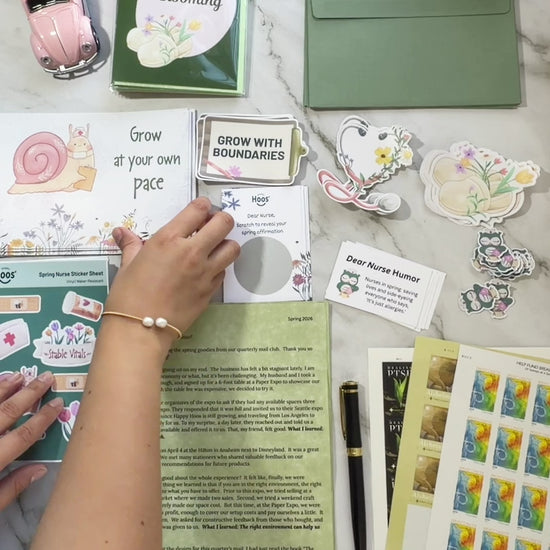 A video showing a hand packing dear nurse snail mail and illustrating how each mail donates 12 cents to breast cancer, alzheimers and ptsd research.  
