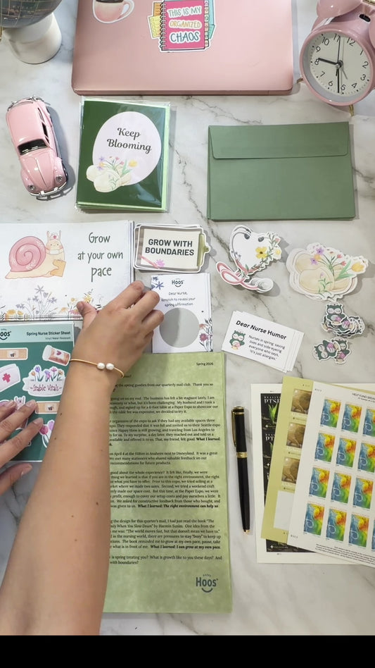 A video showing a hand packing dear nurse snail mail and illustrating how each mail donates 12 cents to breast cancer, alzheimers and ptsd research.  