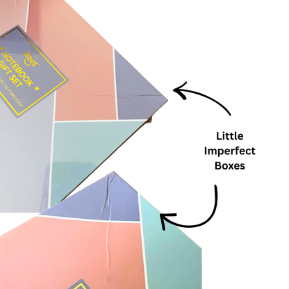 Colorful geometric boxes with a 'Not a Gift' book label and text pointing to 'Little Imperfect Boxes'. Arrows showing creases on the box. 