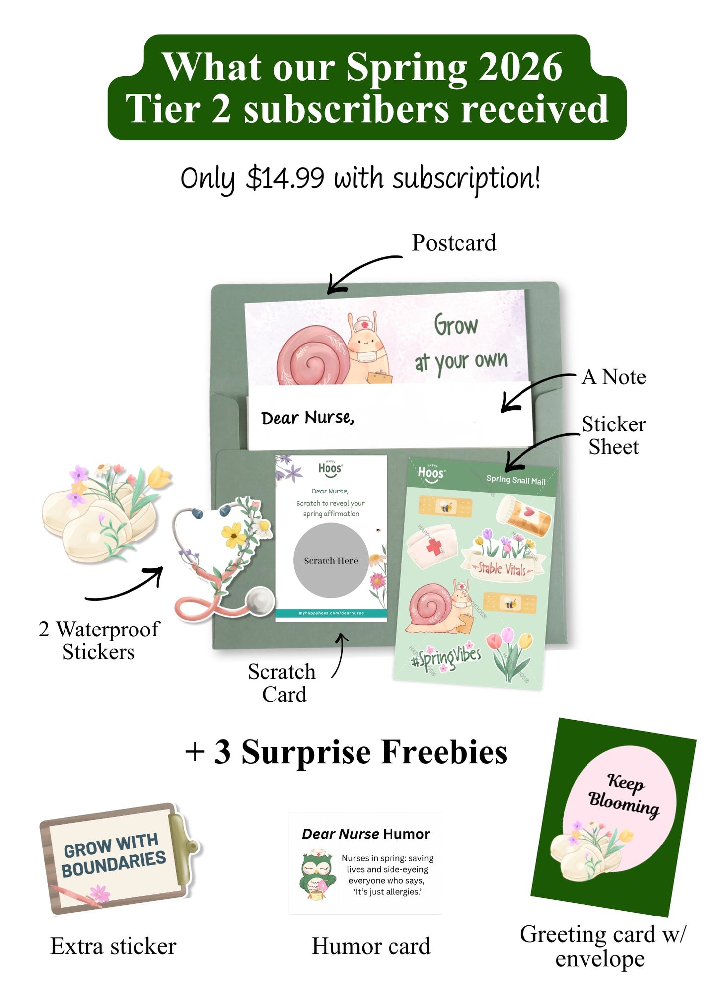 shows what our spring 2026 tier 2 subscribers received which included an extra sticker, humor card and greeting card