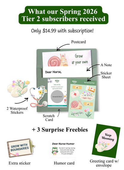 shows what our spring 2026 tier 2 subscribers received which included an extra sticker, humor card and greeting card